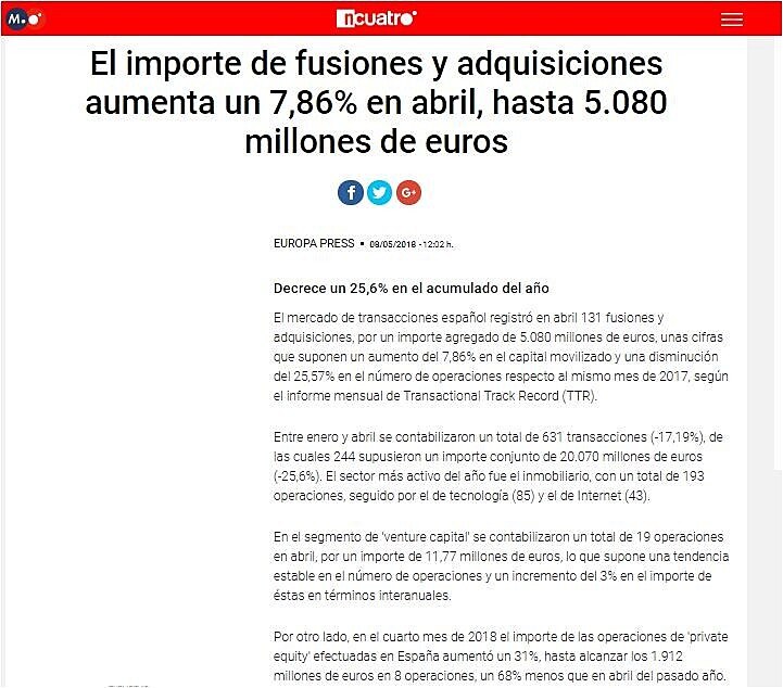 El importe de fusiones y adquisiciones aumenta un 7,86% en abril, hasta 5.080 millones de euros